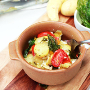 Pesto Potato & Eggs (with tomato and fried basil)