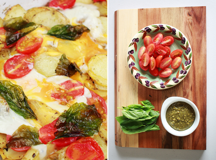 Pesto Potato and Egg with fried basil and tomato (via casinositekor.highwallsblog.com)